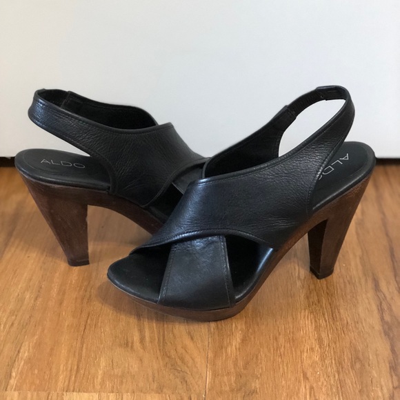 Aldo Shoes - Aldo black leather with dark brown wooden heel